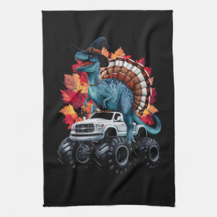 Thanksgiving Dinosaur T-Rex Monster Truck Kitchen Towel