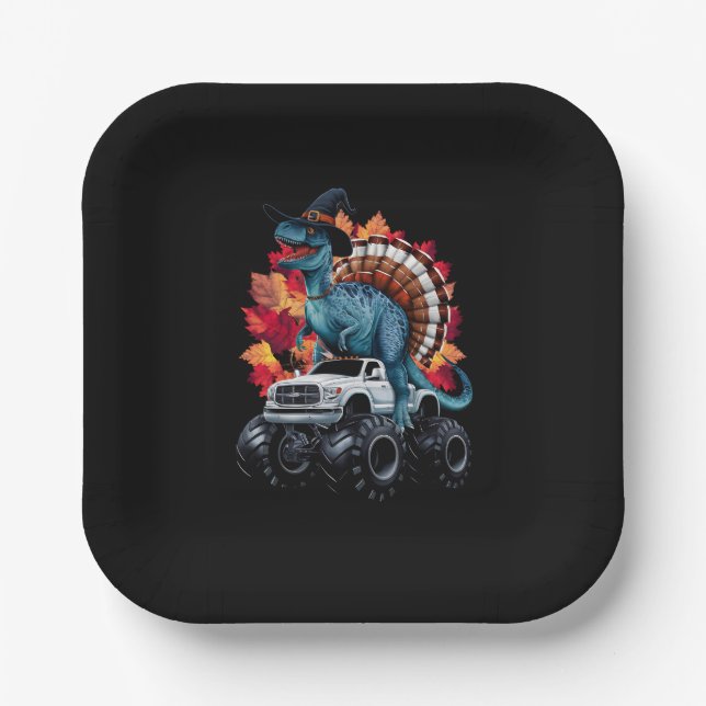 Thanksgiving Dinosaur T-Rex Monster Truck Paper Plates (Front)