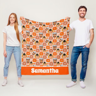 Thanksgiving Donuts and Coffee Fall Orange Stripes Fleece Blanket