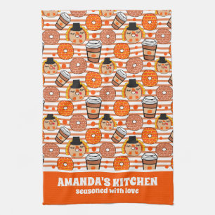 Thanksgiving Donuts and Coffee Fall Orange Stripes Kitchen Towel