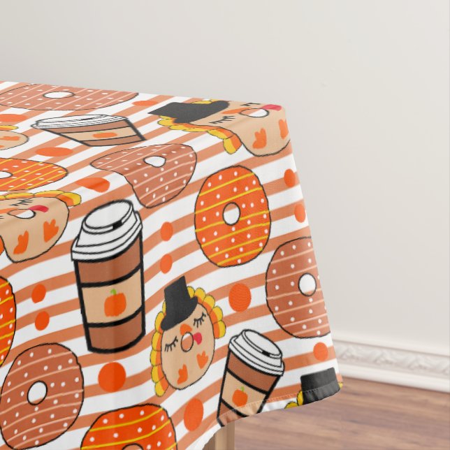 Thanksgiving Donuts and Coffee Fall Orange Stripes Tablecloth (In Situ)