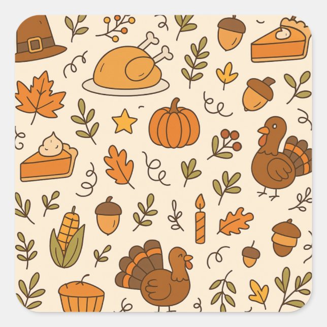 Thanksgiving Doodles Seamless Pattern Square Sticker (Front)