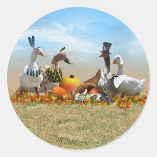 Thanksgiving Ducks _ Pilgrims  Indians Classic Round Sticker