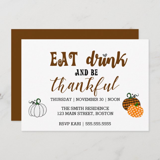 Thanksgiving Eat Drink And Thankful Party Card (Front/Back)