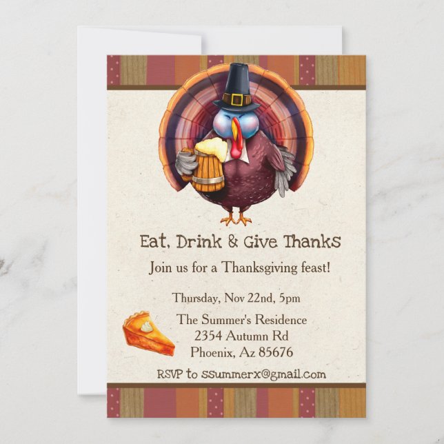 Thanksgiving Eat Drink Give Thanks Turkey Beer Invitation (Front)