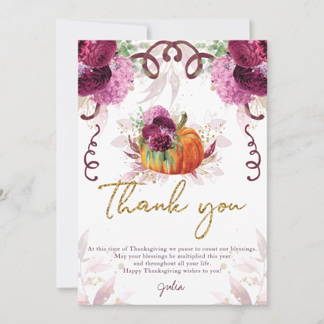 Thanksgiving Elegant Autumn Burgundy Pumpkin Thank You Card (Front)