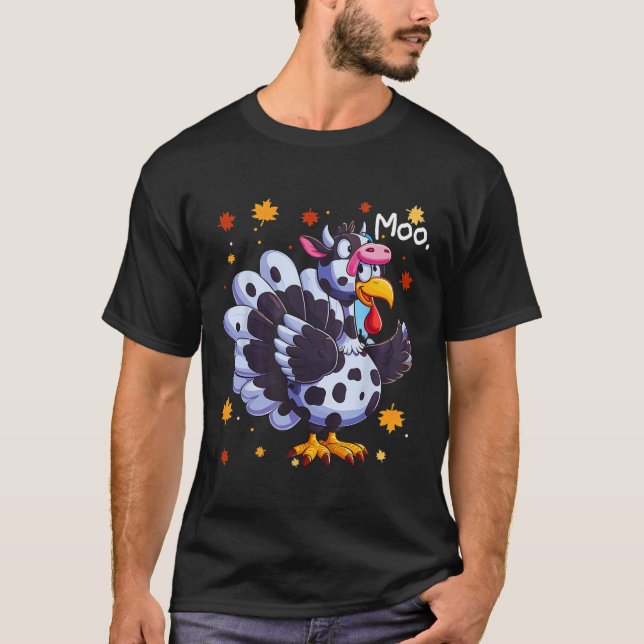 Thanksgiving Fake Turkey Moo Cow Head Funny Fall  T-Shirt (Front)