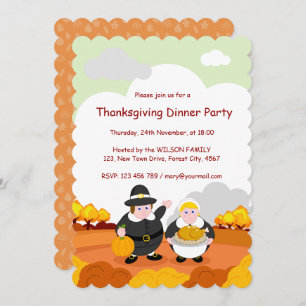 Thanksgiving Fall / Autumn scene with Pilgrims, Invitation