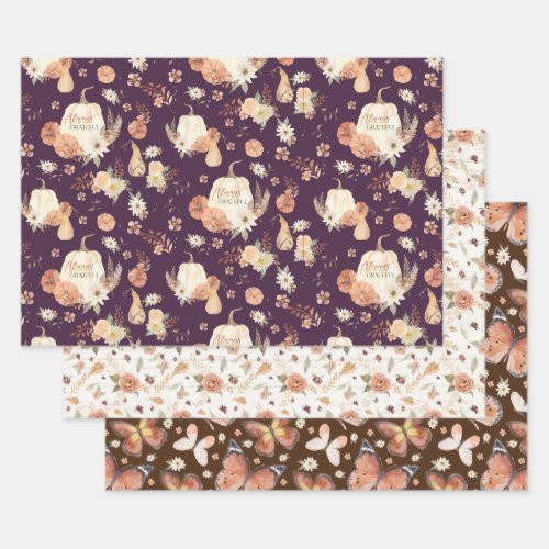 Thanksgiving Fall Butterfly BOHO Floral Autumn Wrapping Paper Sheets