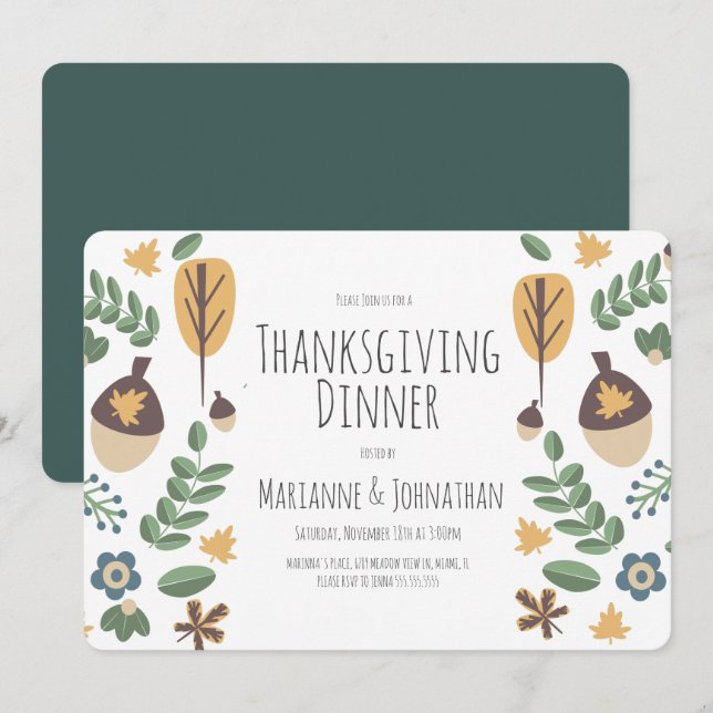 Thanksgiving Fall Dinner Party Greenery Acorn Leaf Invitation (Front/Back)