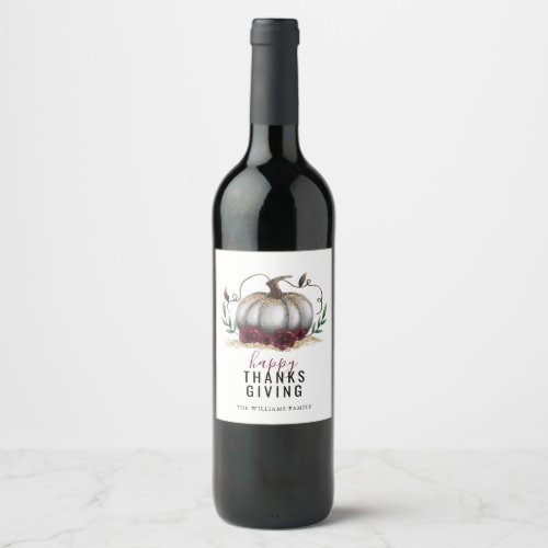 Thanksgiving Fall Floral Pumpkin Wine Label