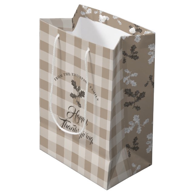 Thanksgiving Fall Foliage Leaves Brown Plaid Medium Gift Bag (Front Angled)