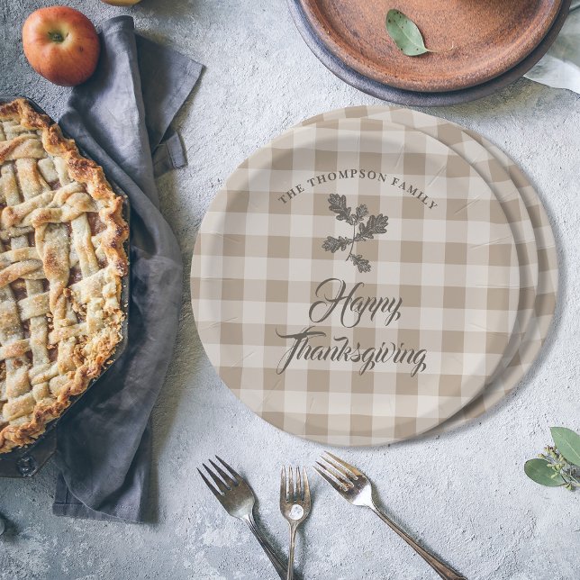 Thanksgiving Fall Foliage Leaves Brown Plaid Paper Plates (Thanksgiving Gratitude Family Name Taupe Plaid Paper Plates)