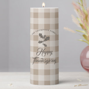 Thanksgiving Fall Foliage Leaves Brown Plaid Pillar Candle