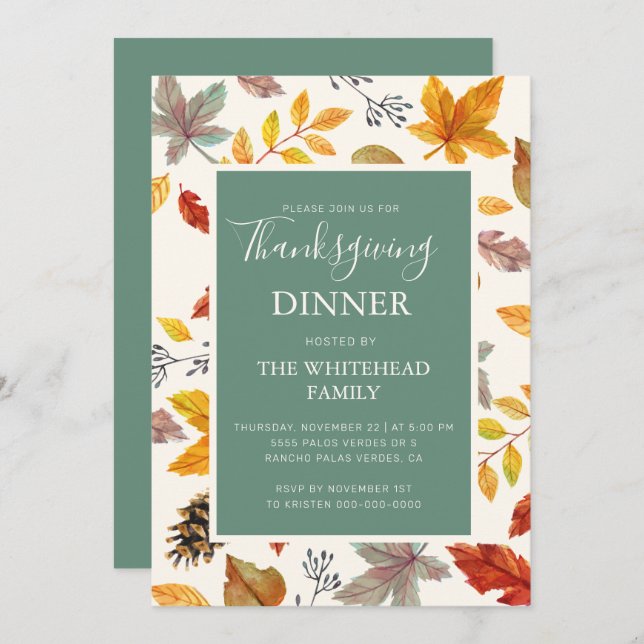 Thanksgiving Fall Leaf Pattern Green Invitation (Front/Back)