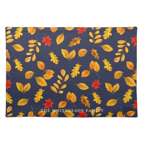 Thanksgiving Fall Leaf Watercolor Pattern Navy Cloth Placemat