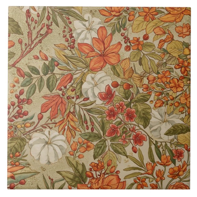 Thanksgiving, Fall Leaves and Pumpkins Pattern Ceramic Tile (Front)