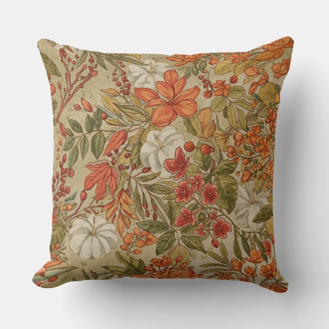 Thanksgiving, Fall Leaves and Pumpkins Pattern Throw Pillow (Front)