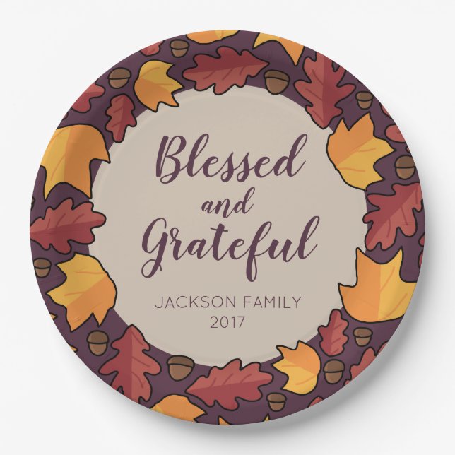 Thanksgiving Fall Leaves Blessed Grateful Paper Plates (Front)