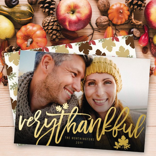 Thanksgiving Fall Leaves Brushed Script Photo Foil Holiday Card (Creator Uploaded)