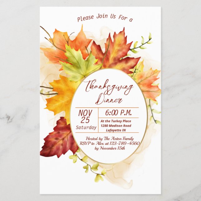Thanksgiving Fall Leaves Dinner Invitation Flyer (Front)