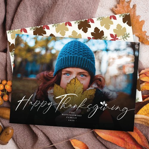 Thanksgiving Fall Leaves Handwriting Script Photo Holiday Card