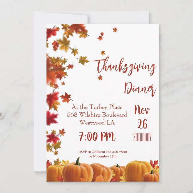 Thanksgiving Fall Leaves Pumpkin Dinner Invitation (Front)