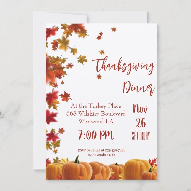 Thanksgiving Fall Leaves Pumpkin Dinner Invitation (Front)