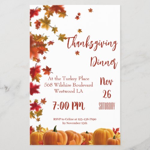 Thanksgiving Fall Leaves Pumpkin Dinner Invitation Flyer