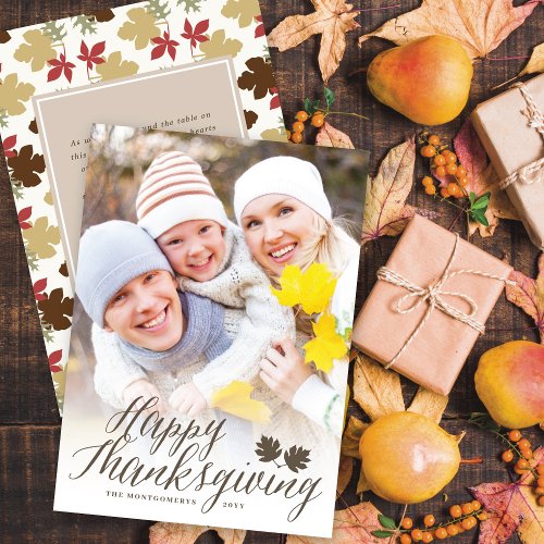 Thanksgiving Fall Leaves Simple Script Photo Holiday Card