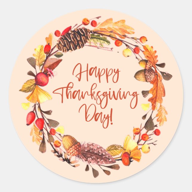 Thanksgiving Fall Leaves Wreath Classic Round Sticker (Front)