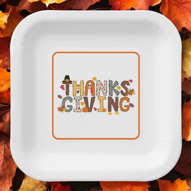 Thanksgiving Fall Pattern Lettering Turkey Leaves Paper Plates (Creator Uploaded)