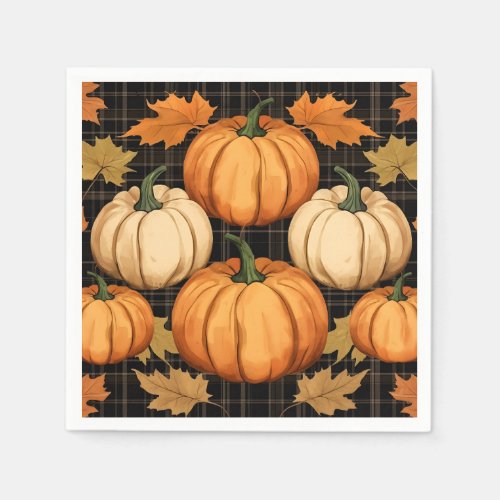 Thanksgiving Fall Plaid with Maple Leaves Pumpkin Napkins