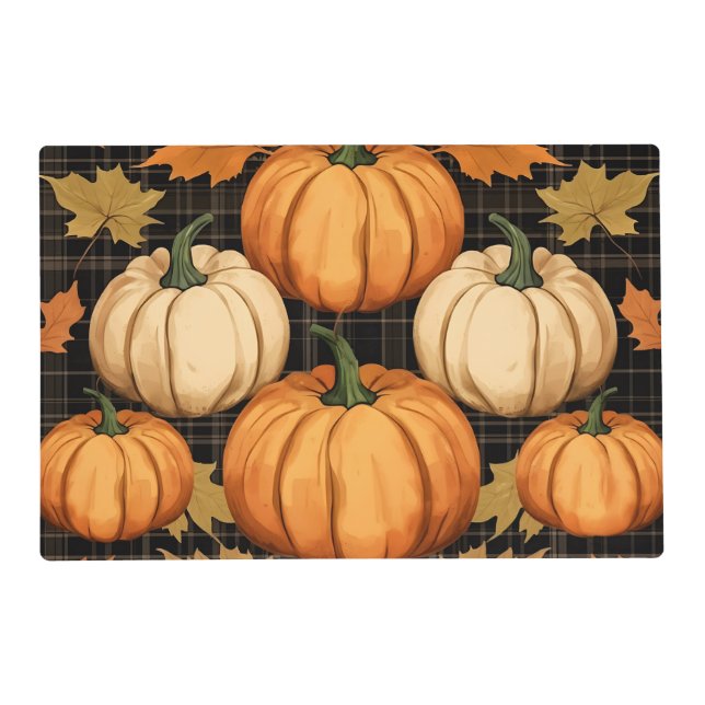 Thanksgiving Fall Plaid with Maple Leaves Pumpkin Placemat (Front)