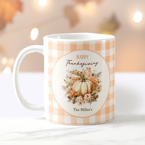 Thanksgiving Fall Pumpkin Gingham Pastel Name Coffee Mug