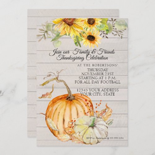 Thanksgiving Fall Sunflower Leaf n Wood Pumpkins Invitation