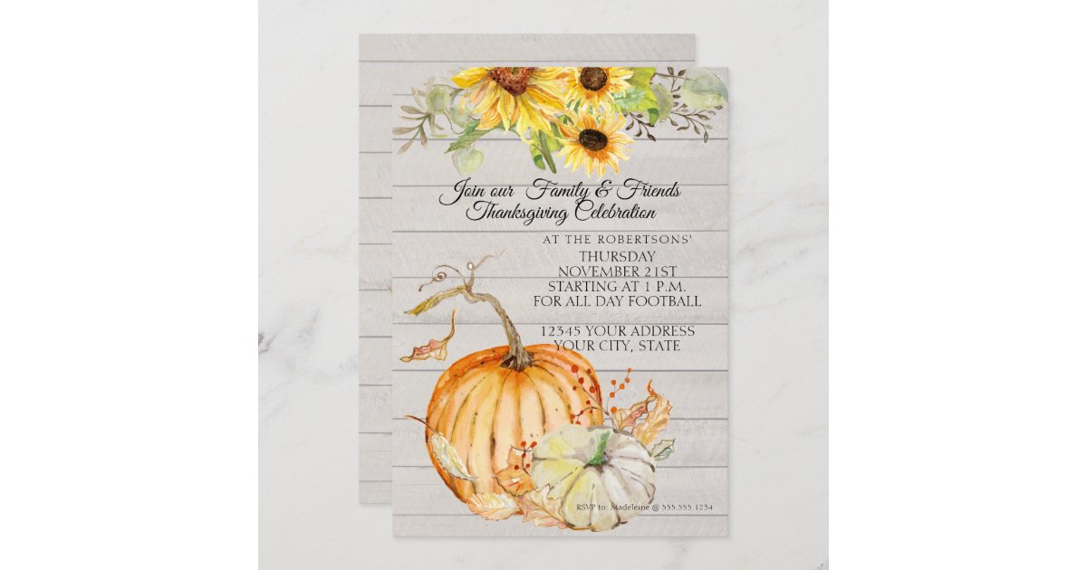 Thanksgiving Fall Sunflower Leaf n Wood Pumpkins Invitation | Zazzle