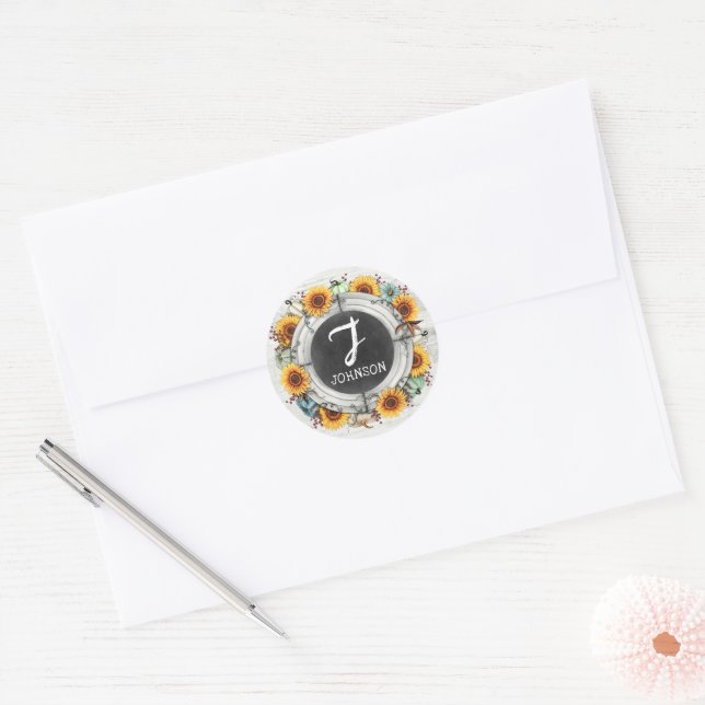 Thanksgiving Fall Sunflowers Pumpkins Monogram Classic Round Sticker (Envelope)
