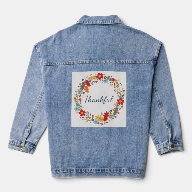 Thanksgiving Fall Thankful Wreath Red Holiday Denim Jacket (Back)