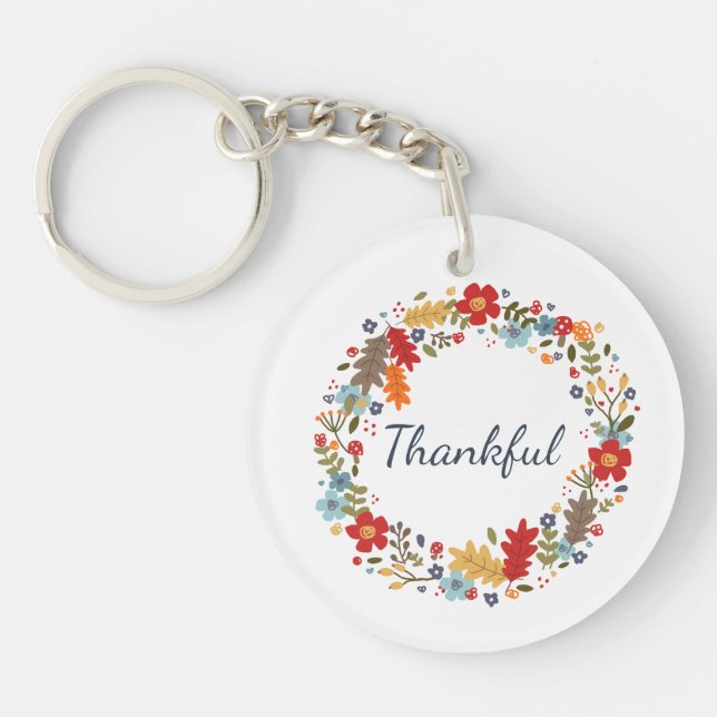 Thanksgiving Fall Thankful Wreath Red Home Keychain (Front)