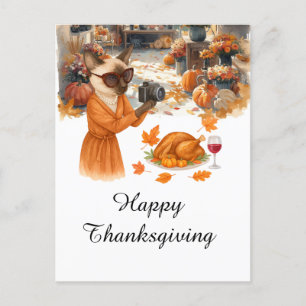 Thanksgiving Fall themed Cat Loves taking photo Holiday Postcard