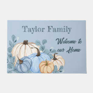 Thanksgiving Fall Watercolor Blue Pumpkin Patch Doormat