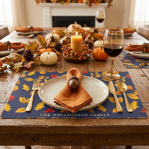 Thanksgiving Fall Watercolor Leaves Navy Blue Placemat