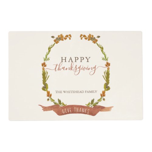 Thanksgiving Fall Watercolor Wreath Give Thanks Pa Placemat