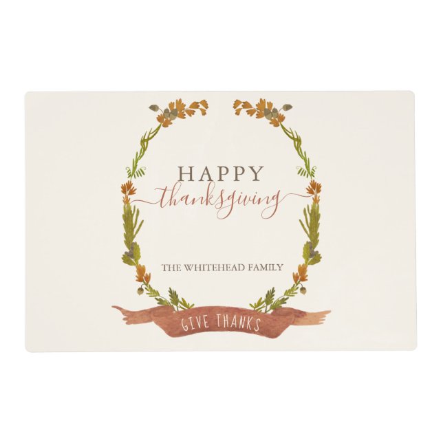 Thanksgiving Fall Watercolor Wreath Give Thanks Pa Placemat (Front)