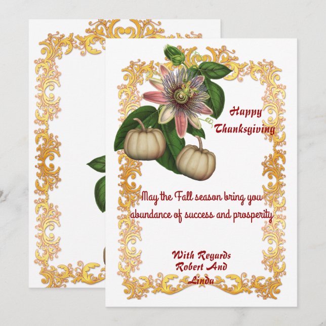 Thanksgiving Fall White Pumpkins Gold Frame Card (Front/Back)