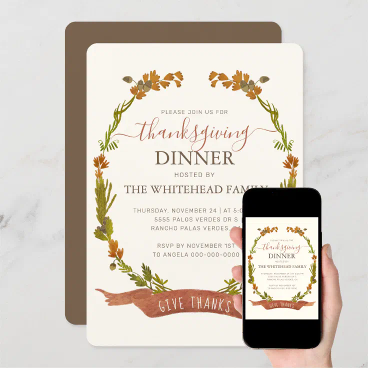 Thanksgiving Fall Wreath Give Thanks Invitation | Zazzle