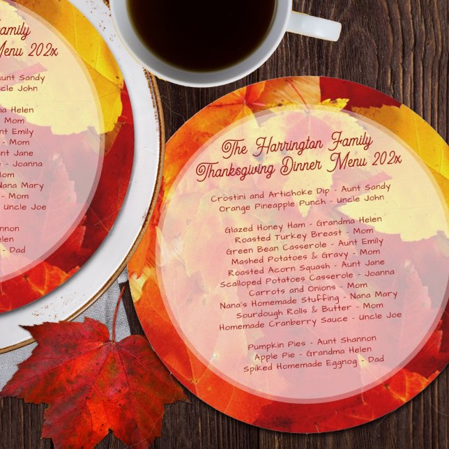 Thanksgiving Family Dinner Red Leaves Round Menu Invitation (Creator Uploaded)