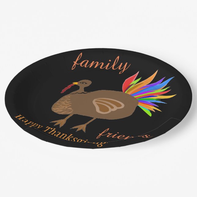 Thanksgiving Family Friends Turkey Feathers Paper Plates (Angled)