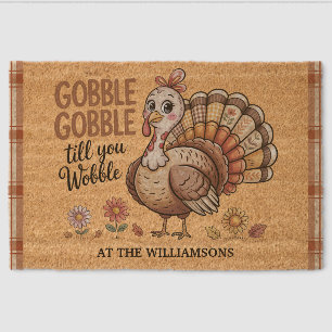 Thanksgiving Family Name Funny Cute Turkey Gobble Fiber Doormat